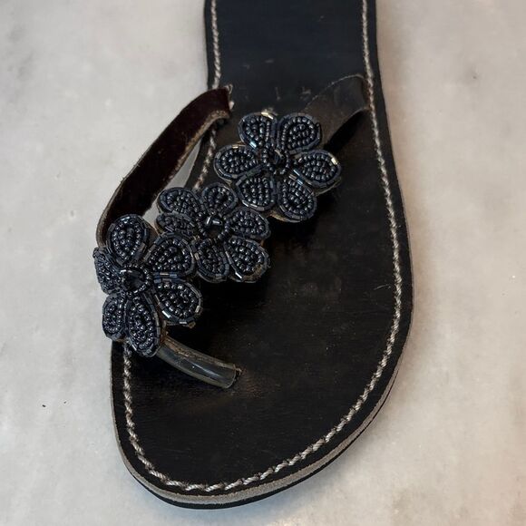 Sandals Shoes Black Floral Beaded Leather Women's Sandals - Picture 6 of 11